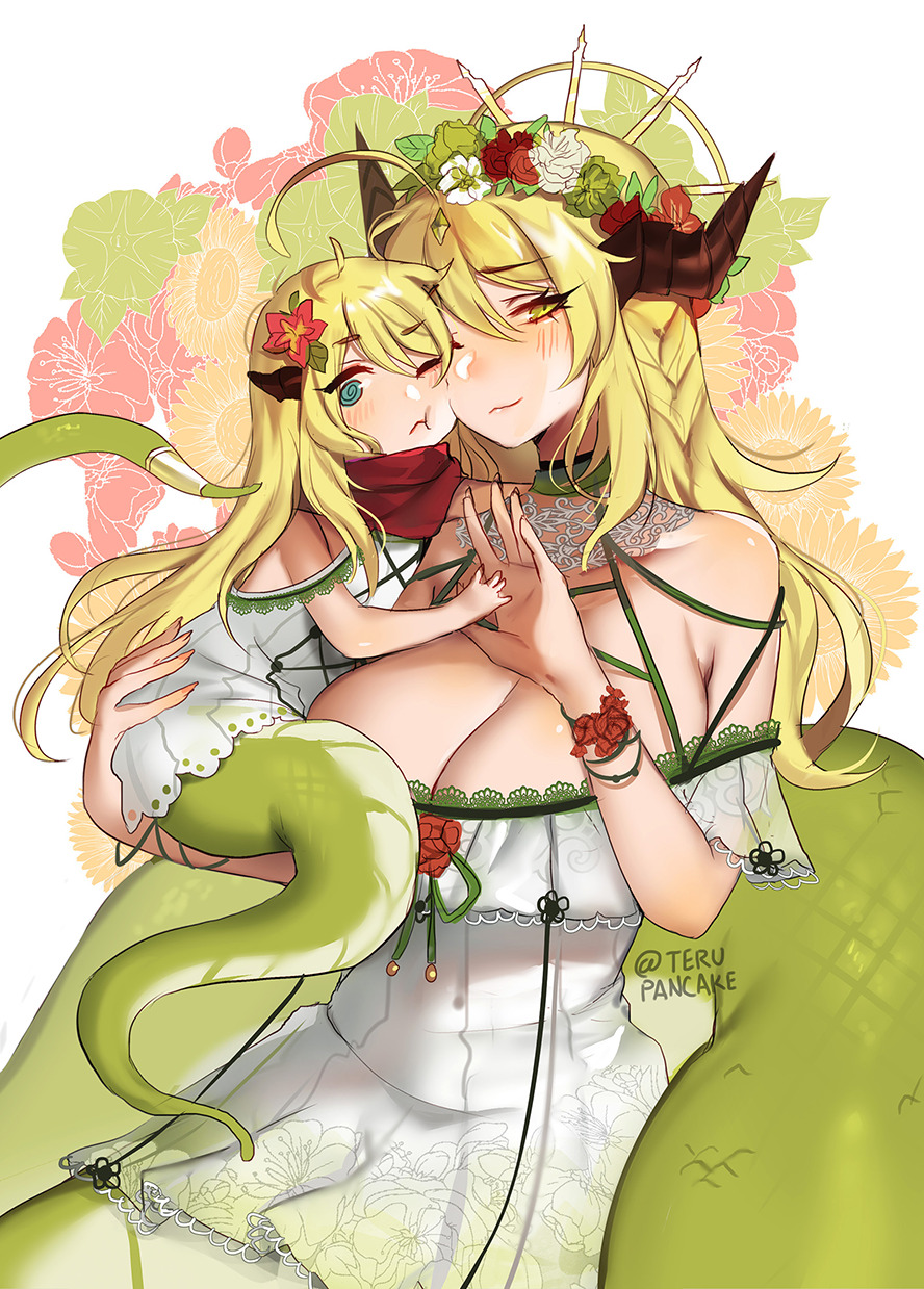 2girls ;t @_@ ahoge bangs blonde_hair blue_eyes blush breasts carrying cheek-to-cheek child dress eyebrows_visible_through_hair floral_background floral_print flower flower_wreath hair_between_eyes hair_flower hair_ornament highres horns lamia large_breasts long_hair monster_girl mother's_day mother_and_daughter multiple_girls original smile snek_(terupancake) terupancake twitter_username very_long_hair white_dress yellow_eyes