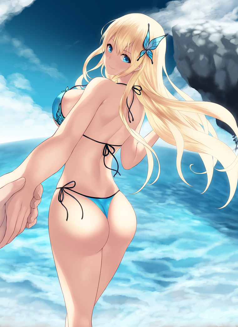 1girl ass back beach bikini blonde_hair blue_bikini blue_eyes blue_sky blush boku_wa_tomodachi_ga_sukunai breasts bug butterfly butterfly_hair_ornament cait_aron closed_mouth clouds day eyebrows_visible_through_hair from_behind hair_ornament holding_hands insect kashiwazaki_sena large_breasts long_hair looking_at_viewer looking_back ocean out_of_frame outdoors pov pov_hands side-tie_bikini sideboob sky smile solo_focus standing string_bikini swimsuit thong thong_bikini water