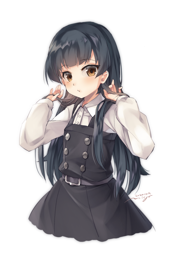 1girl alternate_hair_length alternate_hairstyle arare_(kantai_collection) belt belt_buckle black_belt black_dress black_hair blush brown_eyes buckle buttons collared_shirt dated dress eyebrows_visible_through_hair kantai_collection long_hair long_sleeves nigo pinafore_dress remodel_(kantai_collection) shirt signature simple_background solo white_background