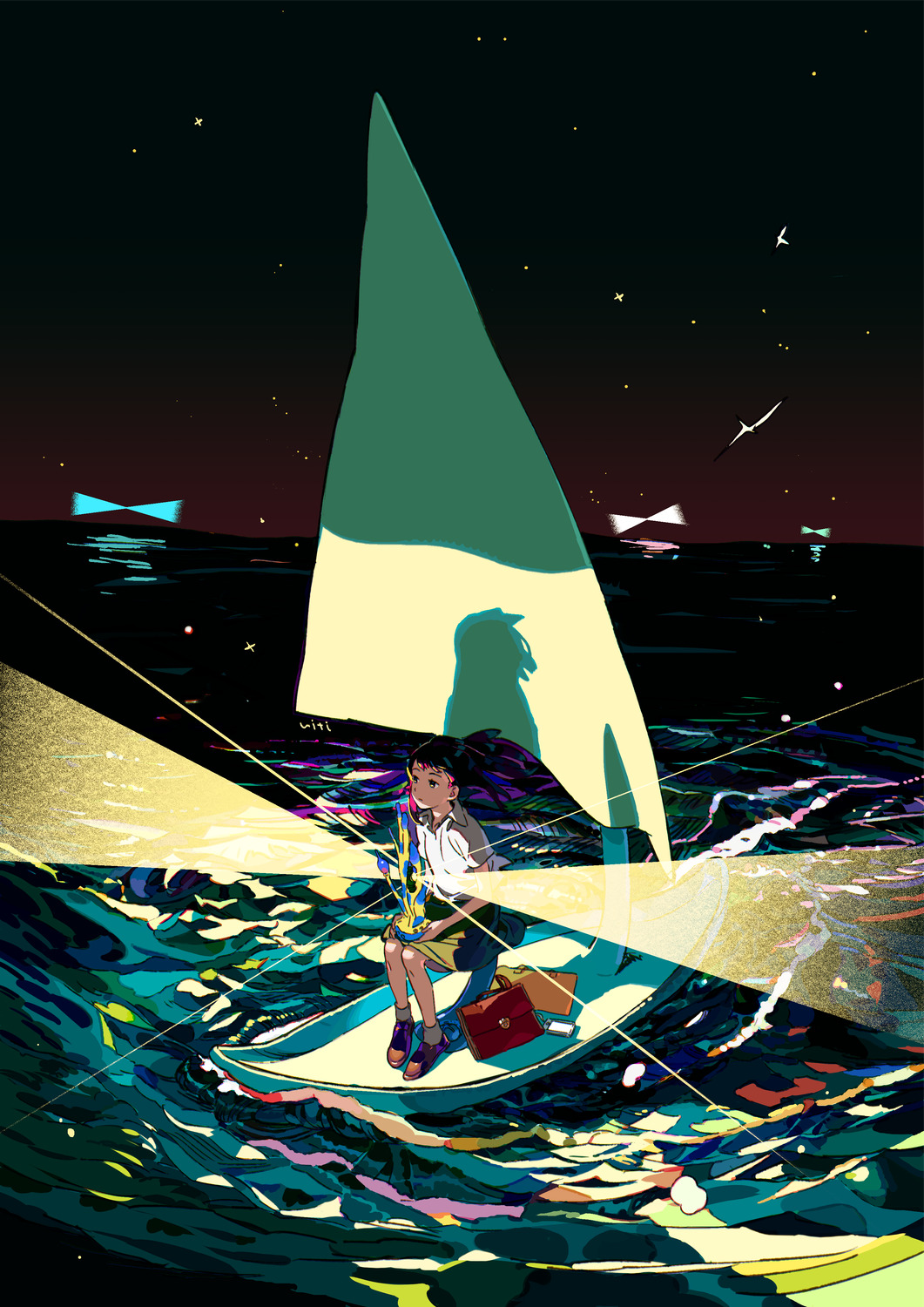 1girl black_hair boat brown_bag brown_footwear cellphone collared_shirt floating_hair glowing green_skirt highres light_rays night night_sky original phone sailboat shirt shoes short_sleeves sitting skirt sky solo star_(sky) starry_sky ukumo_uichi watercraft waves white_shirt wide_shot