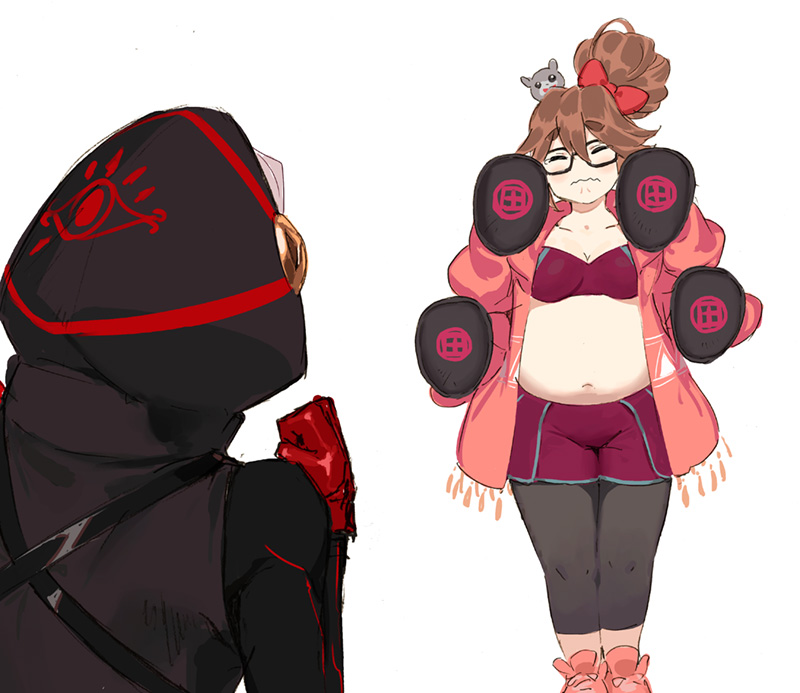 1boy 1girl boxing brown_hair clenched_hand extra_arms fat fate/grand_order fate_(series) fighting_stance ganesha_(fate) glasses gloves hair_bun hood jacket jinako_carigiri karna_(fate) karna_(santa)_(fate) leggings mouse_on_head pako pink_jacket red_gloves shorts training wavy_mouth white_hair