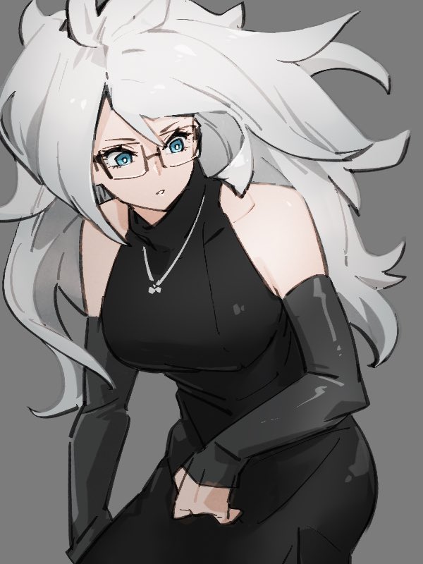 1girl alternate_costume android_21 black_dress blue_eyes commentary_request dragon_ball dragon_ball_fighterz dress glasses grey_background jewelry kemachiku long_hair looking_to_the_side majin_android_21 necklace simple_background solo white_hair