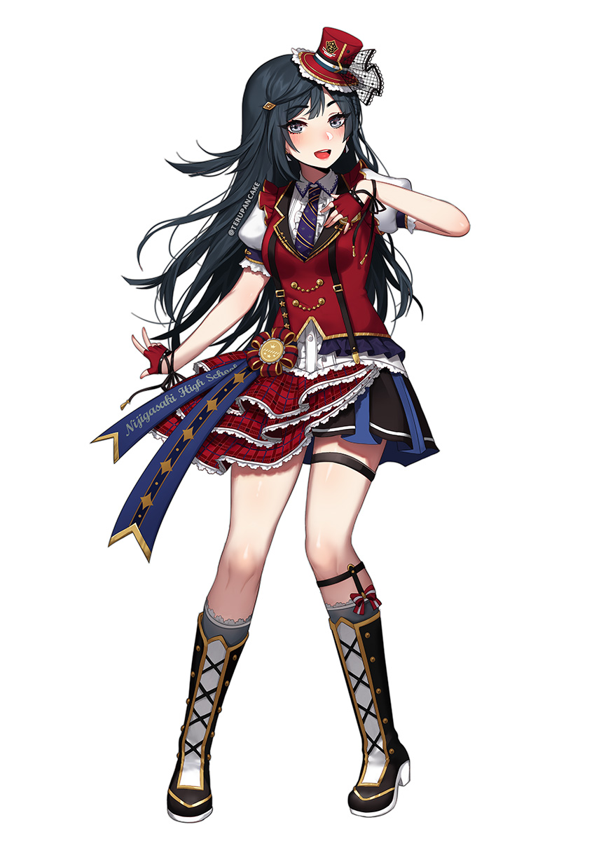 1girl :d black_footwear black_hair blush boots collared_shirt commentary cross-laced_footwear english_commentary fingerless_gloves full_body gloves grey_eyes half_gloves hand_on_own_chest hand_up hat high_heel_boots high_heels highres layered_skirt long_hair looking_at_viewer love_live! love_live!_nijigasaki_high_school_idol_club mini_hat mini_top_hat miniskirt necktie open_mouth puffy_short_sleeves puffy_sleeves purple_neckwear red_gloves red_headwear red_skirt red_vest shirt short_sleeves simple_background skirt smile solo standing suspender_skirt suspenders terupancake top_hat vest white_background white_shirt wing_collar yuuki_setsuna_(love_live!)