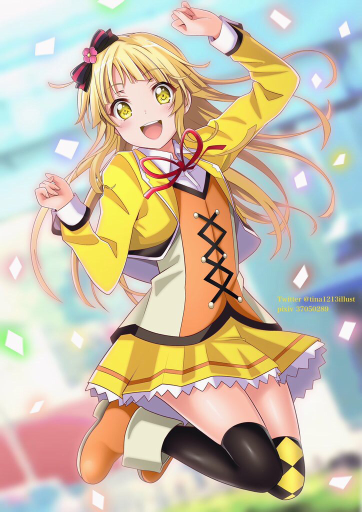 1girl :d arms_up bang_dream! bangs black_legwear blazer blonde_hair blurry blurry_background blush boots bow collared_shirt confetti cosplay cropped_jacket crossover eyebrows_visible_through_hair full_body hair_bow hoshizora_rin hoshizora_rin_(cosplay) jacket jumping long_hair long_sleeves looking_at_viewer love_live! love_live!_school_idol_project midair neck_ribbon open_clothes open_jacket open_mouth orange_footwear outdoors over-kneehighs pixiv_id red_neckwear ribbon round_teeth shirt sidelocks skirt smile solo sunny_day_song teeth thigh-highs tina_(pixiv37050289) tsurumaki_kokoro twitter_username vest white_shirt wing_collar yellow_eyes yellow_jacket yellow_skirt