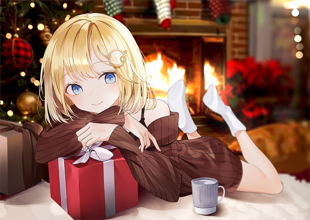 1girl alternate_costume black_bra blonde_hair blue_eyes blurry blurry_background blush box bra brown_sweater casual christmas christmas_tree closed_mouth commentary cup english_commentary fire fireplace full_body gift gift_box hair_ornament hololive hololive_english looking_at_viewer lying nabi_(uz02) off-shoulder_sweater off_shoulder on_stomach photo_background ribbed_sweater short_hair smile socks solo sweater underwear virtual_youtuber watson_amelia white_footwear