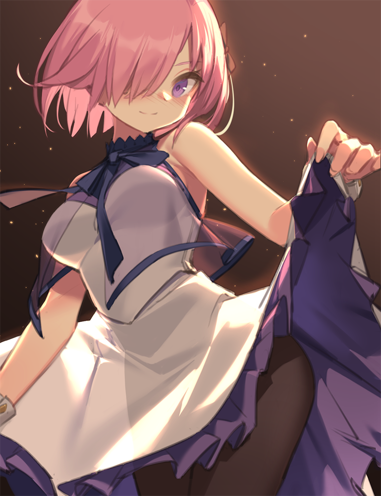 1girl bangs bare_arms bare_shoulders black_legwear blush breasts brown_background closed_mouth commentary_request dress eyebrows_behind_hair fate/grand_order fate_(series) frilled_dress frills hair_over_one_eye kildir mash_kyrielight medium_breasts nose_blush pantyhose pink_hair sleeveless sleeveless_dress smile solo standing violet_eyes white_dress
