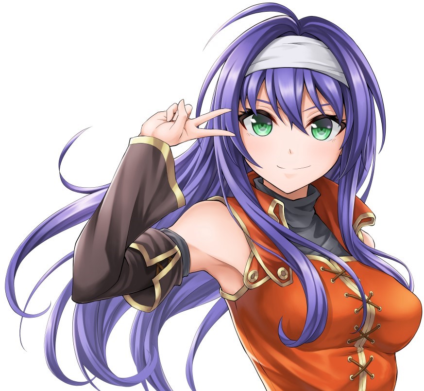 1girl ahoge armpits bangs black_sleeves breasts closed_mouth detached_sleeves fire_emblem fire_emblem:_path_of_radiance floating_hair green_eyes hair_between_eyes headband jacket long_hair long_sleeves looking_at_viewer medium_breasts mia_(fire_emblem) orange_jacket purple_hair shiny shiny_hair simple_background sleeveless sleeveless_jacket smile solo ten_(m12uki17) upper_body very_long_hair white_background white_headband