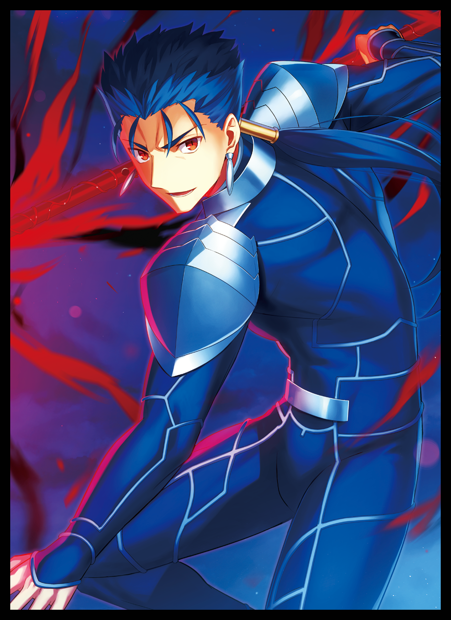 1boy armor blue_bodysuit blue_hair bodysuit cu_chulainn_(fate)_(all) cu_chulainn_(fate/grand_order) earrings fate/grand_order fate_(series) fuyuki_(neigedhiver) highres holding holding_weapon jewelry lancer long_hair polearm red_eyes spear weapon