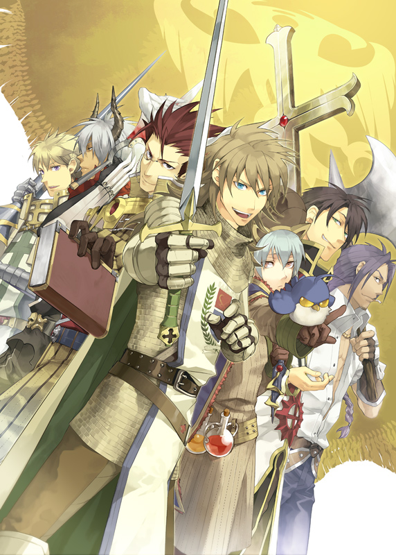 6+boys alchemist_(ragnarok_online) animal_ear_headwear animal_ears armor assassin_cross_(ragnarok_online) axe bangs black_coat black_hair black_pants black_shirt blacksmith_(ragnarok_online) blue_cape blue_eyes blue_pants book bottle braid braided_ponytail brown_coat brown_gloves brown_hair cape cat_ears chainmail cigarette closed_mouth coat commentary_request cowboy_shot cross crusader_(ragnarok_online) demon_horns dutch_angle emblem filir_(ragnarok_online) flag gauntlets glasses gloves green_cape green_eyes hair_between_eyes high_priest_(ragnarok_online) holding holding_axe holding_book holding_lance holding_polearm holding_sword holding_weapon horns kazunon knight_(ragnarok_online) lance light_blue_hair long_hair long_sleeves looking_at_another looking_at_viewer looking_to_the_side male_focus medium_hair monocle multiple_boys open_clothes open_mouth open_shirt pants pauldrons platinum_blonde_hair polearm ponytail potion purple_hair ragnarok_online red_eyes red_scarf red_shirt redhead sage_(ragnarok_online) scarf shirt short_hair short_sleeves shoulder_armor simple_background standing sword tabard two-tone_shirt violet_eyes weapon white_background white_hair white_shirt