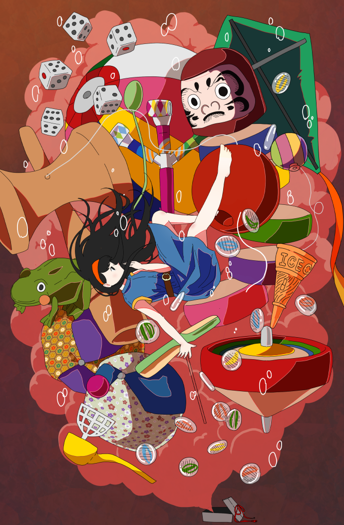 1girl ball bare_legs barefoot beachball belt black_hair daruma_doll dice frog hairband kendama long_hair original oversized_object profile red_hairband solo spinning_top yoshimon