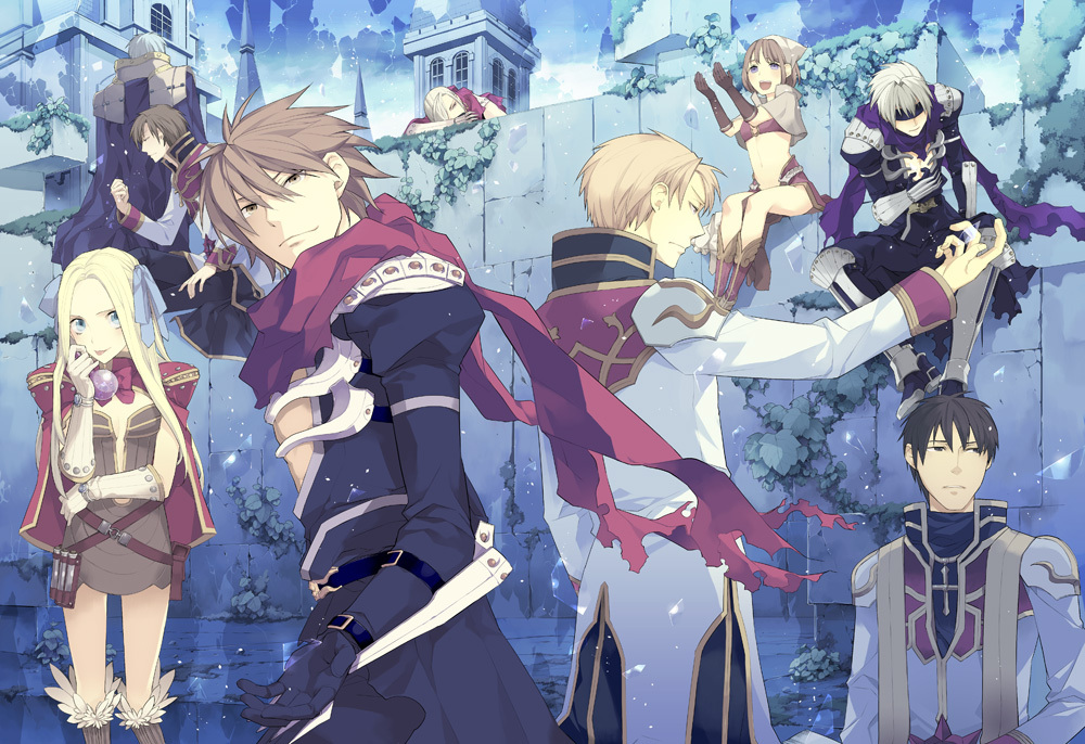 3girls 6+boys armor assassin_cross_(ragnarok_online) back bandana bangs black_blindfold black_cape black_coat black_eyes black_gloves black_hair black_pants black_shirt blindfold blonde_hair blue_cape blue_eyes boots bow bowtie breastplate breasts brown_dress brown_eyes brown_footwear brown_hair building cape capelet clenched_hand closed_mouth coat comiket_78 commentary_request cowboy_shot creator_(ragnarok_online) curled_fingers dress full_body fur-trimmed_footwear gauntlets gloves high_priest_(ragnarok_online) kazunon light_blue_hair living_clothes long_hair long_sleeves looking_at_another looking_at_viewer looking_to_the_side lying mage_(ragnarok_online) multiple_boys multiple_girls open_clothes open_mouth open_shirt paladin_(ragnarok_online) pants pauldrons pelvic_curtain potion pouch ragnarok_online red_bow red_capelet red_scarf red_shirt scarf shirt short_dress short_hair shoulder_armor sitting small_breasts standing stone_wall tongue tongue_out torn_cape torn_clothes torn_scarf two-tone_shirt vial violet_eyes waist_cape wall white_hair white_shirt