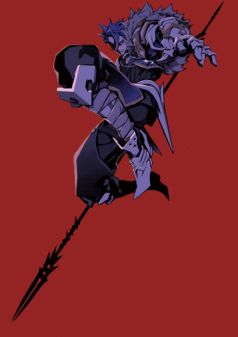 1boy blue_hair cu_chulainn_(fate)_(all) cu_chulainn_(fate/prototype) fate/prototype fate_(series) fur_trim gae_bolg greaves holding holding_lance holding_polearm holding_weapon jumping lance long_hair male_focus polearm ponytail red_background red_eyes solo spear weapon