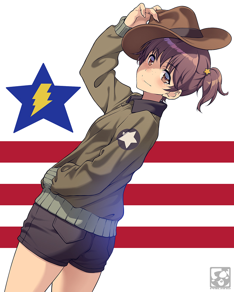 1girl alisa_(girls_und_panzer) artist_logo bangs black_shorts brown_eyes brown_hair brown_jacket closed_mouth commentary cowboy_hat cowboy_shot dutch_angle emblem eyebrows_visible_through_hair freckles from_side girls_und_panzer hair_ornament hand_in_pocket hat holding holding_clothes holding_hat jacket long_sleeves looking_at_viewer looking_back military military_uniform pairan red_stripes saunders_(emblem) saunders_military_uniform short_hair short_shorts short_twintails shorts smile solo standing star_(symbol) star_hair_ornament twintails uniform