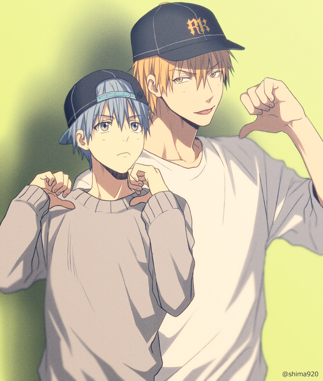 2boys :p backwards_hat bangs baseball_cap black_headwear blonde_hair blue_eyes blue_hair blurry blush cardigan casual closed_mouth commentary_request depth_of_field grey_cardigan hand_up hands_up hat kise_ryouta kuroko_no_basuke kuroko_tetsuya long_sleeves looking_at_viewer looking_to_the_side male_focus mashima_shima multiple_boys pointing pointing_at_self shirt short_hair simple_background smile tongue tongue_out twitter_username upper_body white_shirt yellow_background yellow_eyes