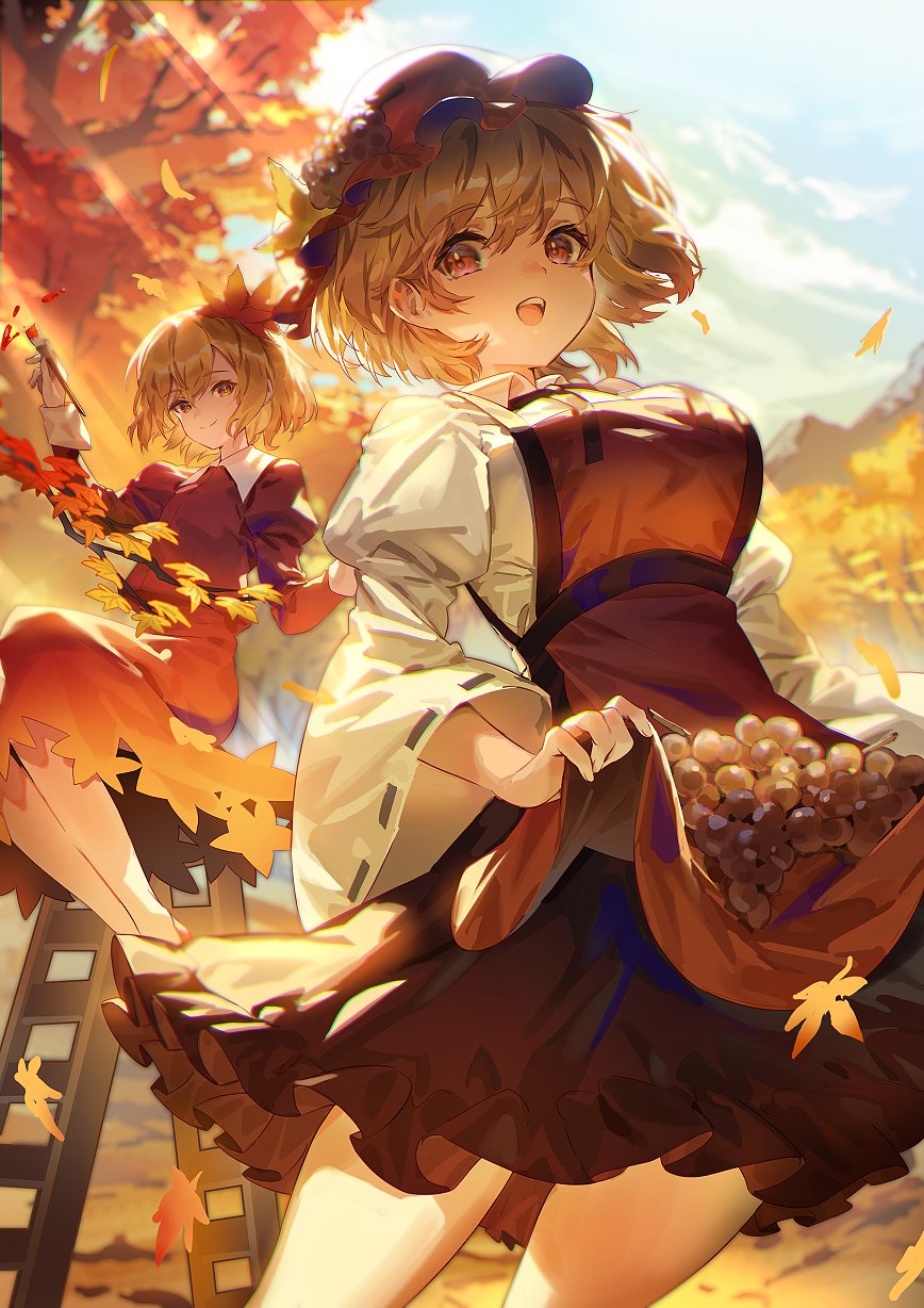 2girls :d aki_minoriko aki_shizuha apron_hold bare_legs blonde_hair breasts commentary day dress eyebrows_visible_through_hair falling_leaves feet_out_of_frame flat_chest food fruit gradient_dress grapes hair_between_eyes hair_leaf hat highres juliet_sleeves large_breasts leaf light_rays long_sleeves looking_at_viewer maple_leaf mob_cap mountain multiple_girls open_mouth orange_dress orange_eyes orange_footwear orange_headwear puffy_sleeves ribbon-trimmed_sleeves ribbon_trim shirt short_hair siblings sisters sitting sky smile sunbeam sunlight touhou uu_uu_zan white_shirt wide_sleeves