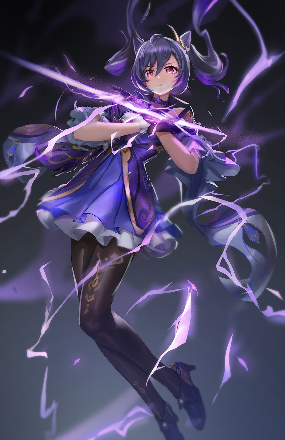 1girl ankle_boots bare_shoulders boots brown_legwear cglas chinese_clothes double_bun dress full_body genshin_impact gloves grey_hair hair_ornament highres jewelry keqing_(genshin_impact) long_hair looking_at_viewer pantyhose purple_footwear purple_gloves purple_hair shiny shiny_hair solo twintails violet_eyes