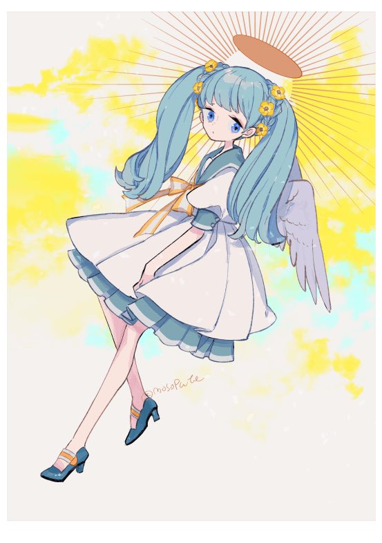 1girl aqua_footwear aqua_hair blue_eyes dress expressionless flower l_hakase long_hair original puffy_short_sleeves puffy_sleeves shoes short_sleeves solo twintails twitter_username white_dress yellow_flower