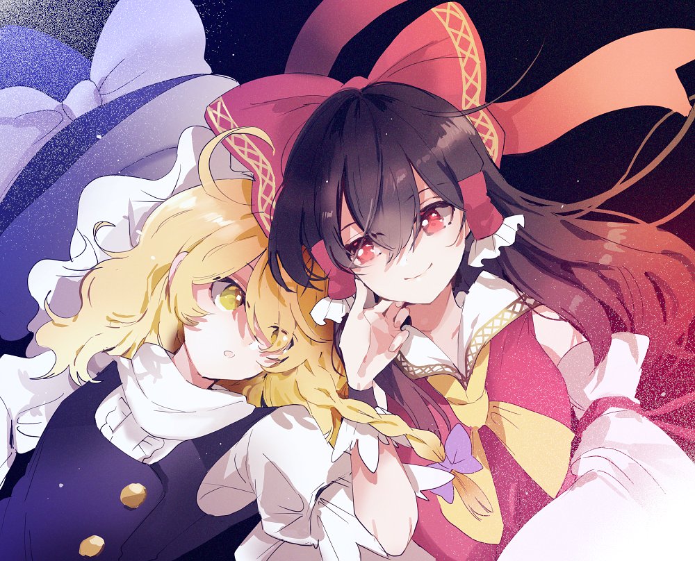 2girls :o ahoge ascot azuma_aya bangs black_headwear blonde_hair bow braid center_frills closed_mouth detached_sleeves frills hair_between_eyes hair_bow hair_ribbon hair_tubes hakurei_reimu hand_on_another's_cheek hand_on_another's_face hat hat_bow head_to_head kirisame_marisa lavender_bow light_particles long_hair looking_at_another medium_hair multiple_girls puffy_short_sleeves puffy_sleeves purple_bow red_bow red_eyes red_ribbon ribbon shirt short_sleeves side_braid sidelocks single_braid smile touhou turtleneck upper_body white_bow white_shirt witch_hat wrist_cuffs wristband yellow_eyes yellow_neckwear yuri