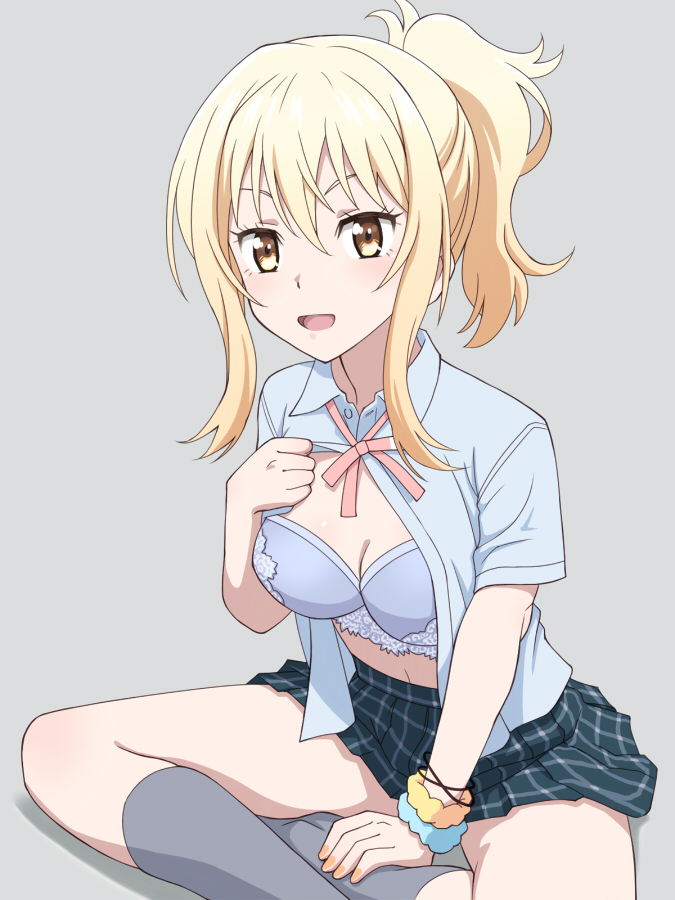 1girl black_skirt blonde_hair blue_bra blue_scrunchie blue_shirt bra commentary_request grey_background kneehighs looking_at_viewer love_live! love_live!_nijigasaki_high_school_idol_club meow_(nekodenki) miyashita_ai navel nijigasaki_academy_uniform open_clothes open_mouth open_shirt pink_neckwear pink_ribbon plaid plaid_skirt ponytail ribbon school_uniform scrunchie shirt short_hair short_sleeves simple_background sitting skirt smile solo summer_uniform underwear wrist_scrunchie yellow_eyes yellow_scrunchie