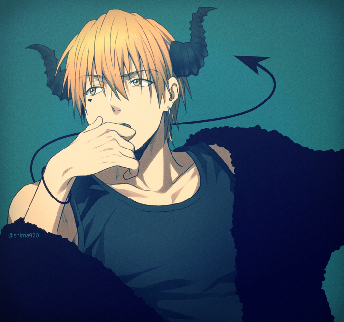 1boy bangs bare_shoulders blonde_hair collarbone commentary_request demon_horns demon_tail earrings facial_mark fake_horns fake_tail green_background green_shirt hair_between_eyes heart horns jewelry kise_ryouta kuroko_no_basuke looking_to_the_side male_focus mashima_shima open_mouth shirt short_hair simple_background sleeveless sleeveless_shirt solo tail twitter_username upper_body upper_teeth yellow_eyes