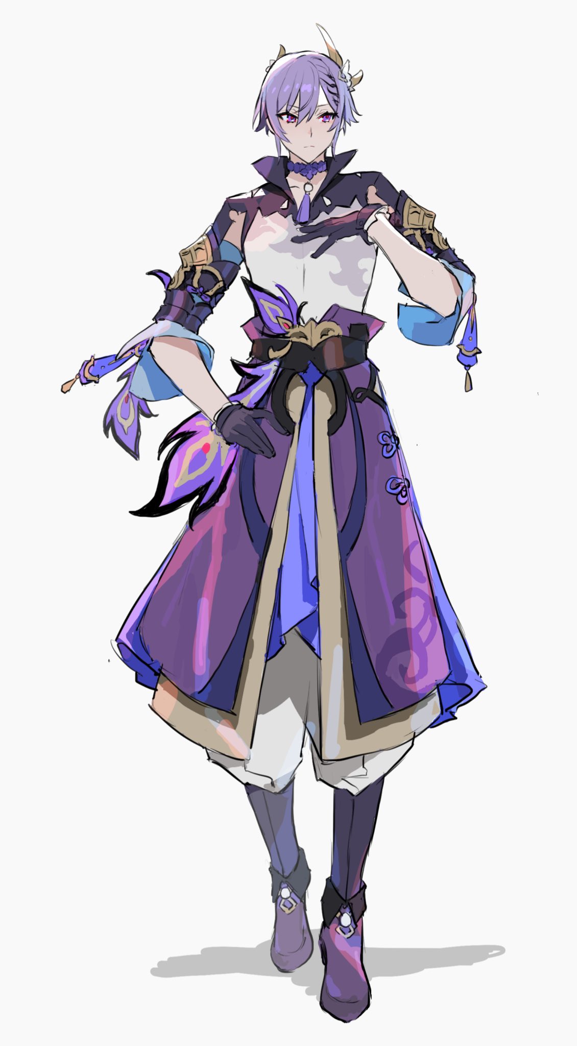1boy bangs black_gloves boots chinese_clothes choker closed_mouth genderswap genderswap_(ftm) genshin_impact gloves grey_background hair_ornament hand_on_hip hand_on_own_chest highres human_homeosta keqing_(genshin_impact) male_focus purple_footwear purple_hair shadow simple_background solo standing tassel violet_eyes