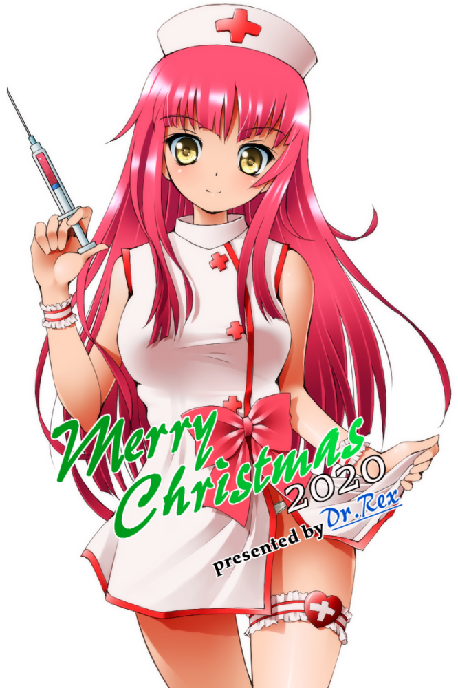 1girl artist_name bangs bare_shoulders breasts closed_mouth dr_rex dress eyebrows_visible_through_hair hat holding holding_syringe long_hair medium_breasts merry_christmas nurse nurse_cap original panties pill redhead simple_background skirt_hold sleeveless sleeveless_dress smile solo syringe underwear very_long_hair white_background white_dress white_panties wrist_cuffs yellow_eyes
