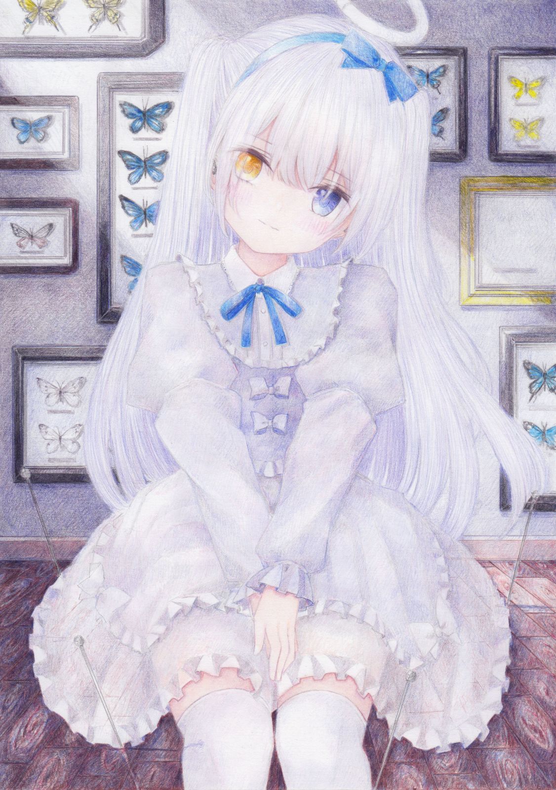 1girl blush bug butterfly closed_mouth colored_pencil_(medium) darkkanan dress earphones earphones frilled_dress frills graphite_(medium) halo hands_on_lap head_tilt headband heterochromia highres indoors insect lolita_fashion long_hair long_sleeves looking_at_viewer original pinafore_dress see-through sitting solo thigh-highs thighs traditional_media twintails white_dress white_hair