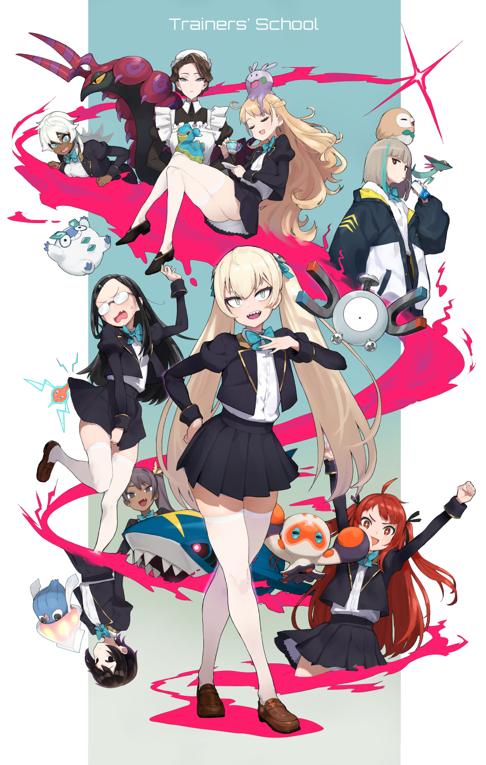 +_+ 6+girls accio apron arms_up bangs black_footwear black_hair black_skirt blonde_hair bow bowtie brown_footwear brown_hair cheek_press clenched_hands clobbopus closed_eyes commentary_request cup dark_skin dark-skinned_female dreepy drinking eyelashes galarian_darumaka galarian_form gen_1_pokemon gen_3_pokemon gen_4_pokemon gen_5_pokemon gen_6_pokemon gen_7_pokemon gen_8_pokemon glasses goomy grey_hair hair_ribbon hand_up highres holding holding_cup inkay leaning_forward long_hair long_sleeves looking_at_viewer magnemite maid multicolored_hair multiple_girls on_head open_mouth pleated_skirt pokemon pokemon_(creature) pokemon_on_head ribbon rotom rowlet scolipede sharp_teeth sharpedo shellos shirt shoes sinistea skirt smile streaked_hair teeth thigh-highs tongue twintails white_hair white_legwear white_shirt