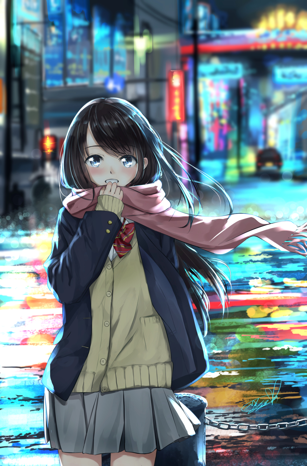 1girl after_rain arm_behind_back arm_up bangs black_hair blazer blue_eyes blurry blurry_background blush bow bowtie brown_cardigan cardigan chain city_lights commentary cowboy_shot enpera grey_skirt grin highres holding holding_clothes holding_scarf jacket long_hair looking_at_viewer night original pink_scarf pleated_skirt puddle reflective_water scarf school_uniform shirt skirt sleeves_past_wrists smile solo soragane_(banisinngurei) standing striped striped_neckwear swept_bangs very_long_hair white_shirt wind wind_lift