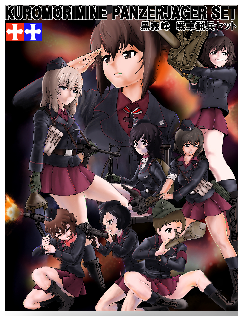 6+girls :d ahoge akaboshi_koume ankle_boots anti-tank_grenade assault_rifle bandaged_arm bandages bandaid bandaid_on_knee bangs bauer_(girls_und_panzer) black_eyes black_footwear black_hair black_headwear black_jacket black_legwear blue_eyes blush boots brown_eyes brown_hair bundled_charge closed_eyes closed_mouth colorized commentary commentary_request cross-laced_footwear dress_shirt explosive extra eyebrows_visible_through_hair frown garrison_cap girls_und_panzer glasses gloves grenade greyscale grimace grin gun hair_between_eyes half-closed_eyes hat highres insignia iron_cross itsumi_erika jacket kneehighs kneeling kojima_emi kuromorimine_military_uniform lace-up_boots light_frown long_sleeves looking_at_viewer looking_to_the_side machine_gun mauko_(girls_und_panzer) medium_hair mg42 military military_hat miniskirt monochrome mp40 multiple_girls nishizumi_maho one_eye_closed one_knee open_mouth panzerfaust panzerschreck pleated_skirt red_shirt red_skirt rifle rocket rocket_launcher salute sangou_(girls_und_panzer) shirt short_hair silver_hair sketch skirt sling smile socks standing stg44 stielhandgranate submachine_gun swept_bangs translated uniform v-shaped_eyebrows very_short_hair wavy_hair weapon wing_collar yoyokkun