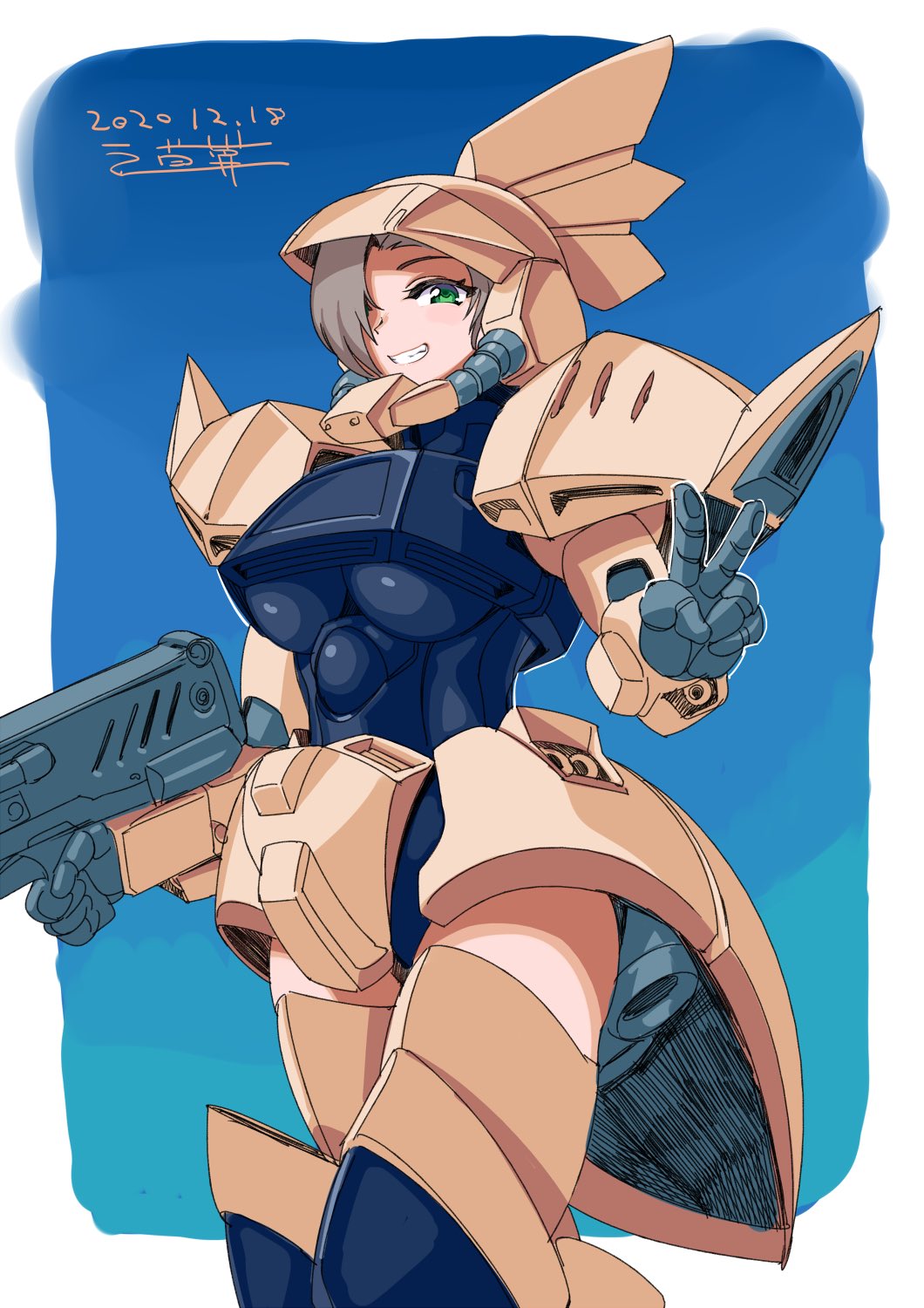 1girl boots breasts dated gelgoog green_eyes gundam hair_over_one_eye highres large_breasts looking_at_viewer looking_down mecha_musume michi_kuso mobile_suit_gundam one_eye_covered personification short_hair solo symbol_commentary thigh-highs thigh_boots v zeon