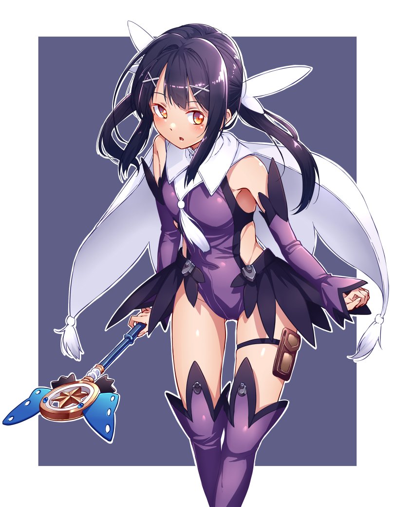 1girl :o bare_shoulders black_hair blush border breasts brown_eyes cape cowboy_shot detached_sleeves fate/kaleid_liner_prisma_illya fate_(series) floating_hair hair_ornament holding holding_wand holster kaleidostick leaning_forward leotard long_hair long_sleeves looking_at_viewer low_twintails magical_girl magical_sapphire mendou_saya miyu_edelfelt outside_border purple_legwear purple_leotard purple_sleeves shiny shiny_hair solo standing thigh-highs thigh_holster thigh_strap twintails wand white_border white_cape x_hair_ornament