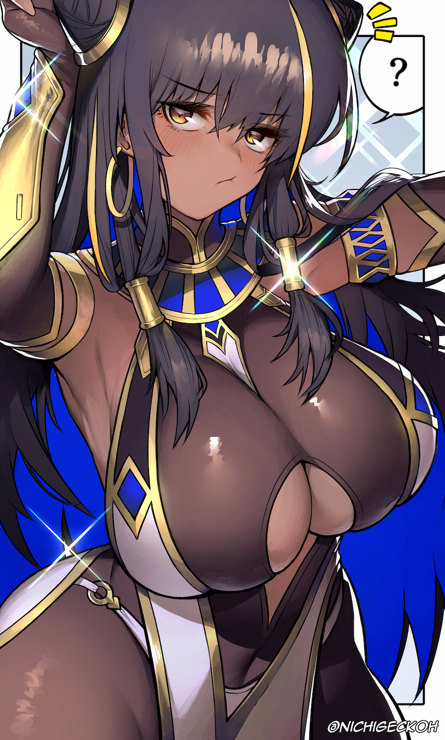 1girl black_hair blonde_hair bodysuit bodysuit_under_clothes breasts center_opening cowboy_shot dark_skin egypt egyptian elbow_gloves gloves highres large_breasts looking_at_viewer multicolored_hair nichigeckoh original solo streaked_hair tan two-tone_hair under_boob yellow_eyes