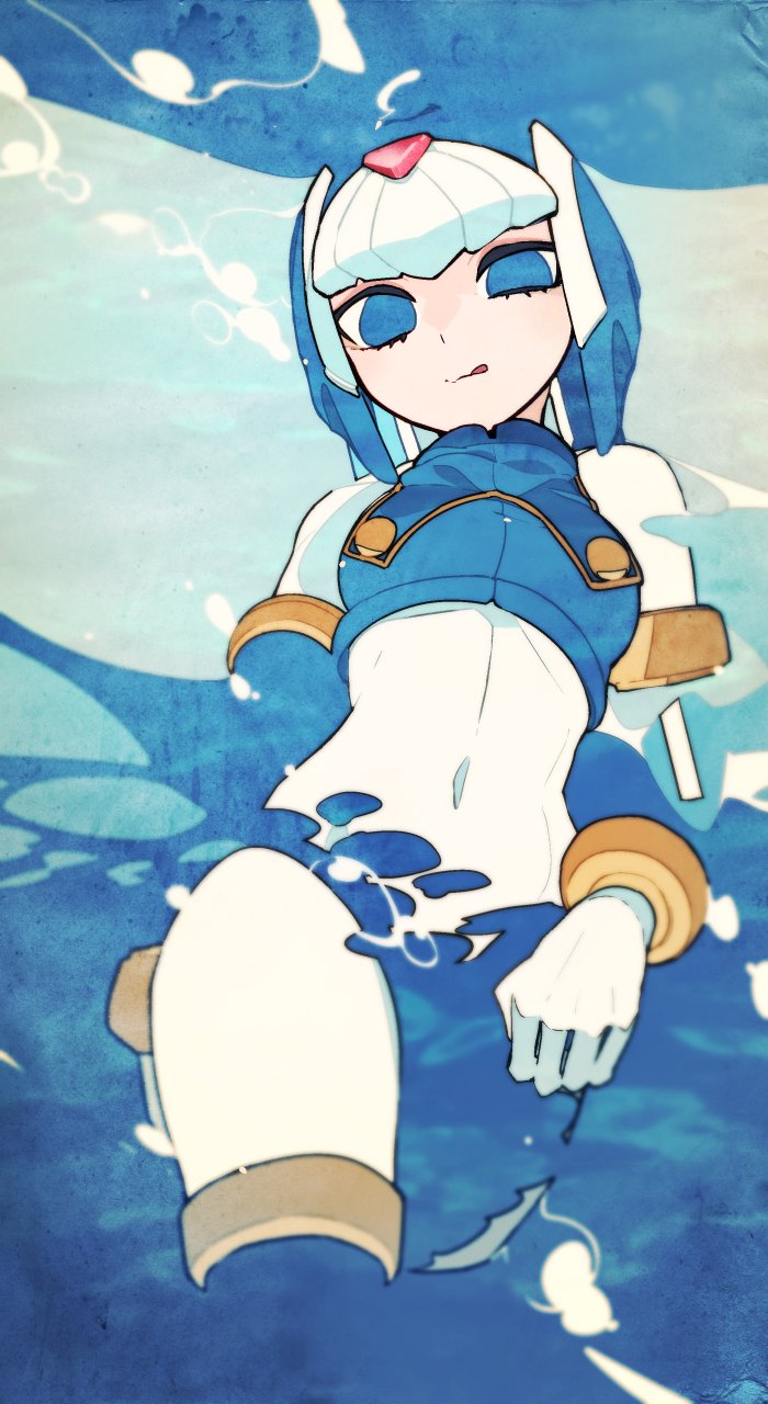 1girl :q android blue_eyes blue_hair blue_theme bodysuit boots bracelet breasts closed_mouth gloves head_tilt helmet highres jewelry kuroi_moyamoya leviathan_(rockman) licking_lips looking_at_viewer navel ocean robot rockman rockman_zero smile solo standing thigh-highs thigh_boots tongue tongue_out