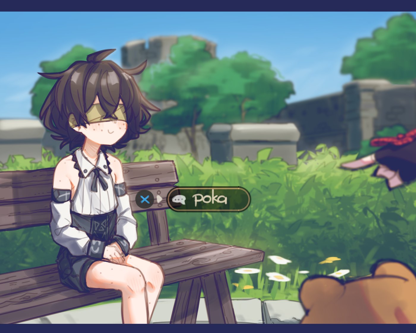 2girls animal bandages bandages_over_eyes bare_shoulders bear bench black_gloves black_neckwear blind blush brown_hair closed_mouth detached_sleeves fingerless_gloves flower freckles gameplay_mechanics genshin_impact gloves hair_between_eyes multiple_girls original outdoors pointing poka_(popopoka) popopoka short_hair sitting smile solo_focus tree white_flower xiangling_(genshin_impact)