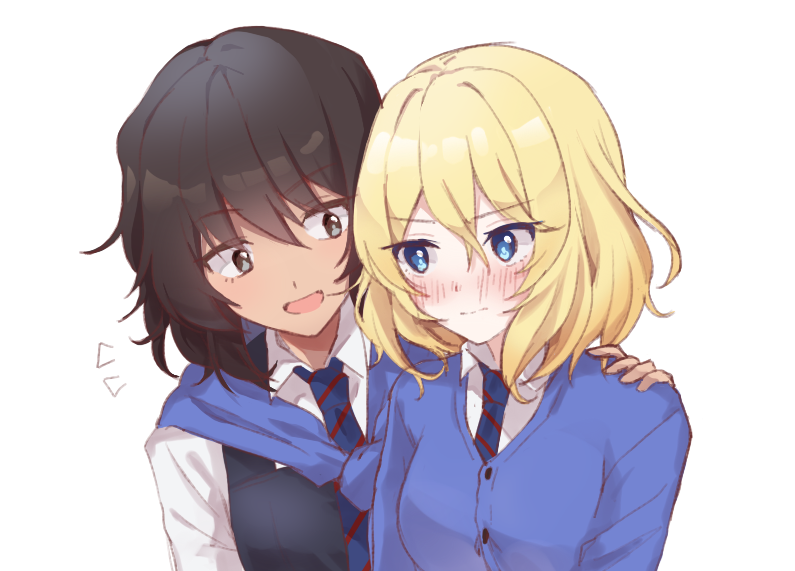 2girls andou_(girls_und_panzer) bangs bc_freedom_school_uniform black_dress black_hair blonde_hair blue_eyes blue_neckwear blue_sweater blush brown_eyes cardigan closed_mouth commentary_request dark_skin diagonal_stripes dress dress_shirt eyebrows_visible_through_hair girls_und_panzer hand_on_another's_shoulder korean_commentary light_frown long_sleeves looking_at_another medium_hair messy_hair multiple_girls necktie notice_lines open_mouth oshida_(girls_und_panzer) partial_commentary pinafore_dress school_uniform sesame_(sesame_mas) shirt simple_background smile striped striped_neckwear sweater sweater_around_neck white_background white_shirt wing_collar yuri
