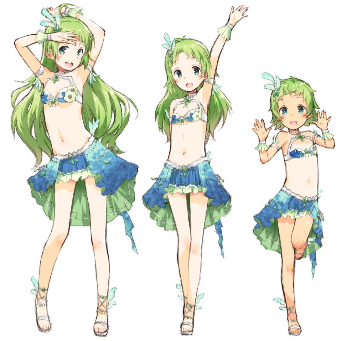 1girl :d age_progression alternate_hair_length alternate_hairstyle arm_up armpits arms_up bikini bikini_top breasts child commentary flat_chest full_body green_eyes green_hair hair_ornament idolmaster idolmaster_million_live! idolmaster_million_live!_theater_days kokekokko_coma long_hair looking_at_viewer midriff multiple_views navel open_mouth sandals shimabara_elena short_hair simple_background skirt small_breasts smile standing standing_on_one_leg star_(symbol) star_hair_ornament swimsuit tan tanline very_long_hair white_background wrist_cuffs younger