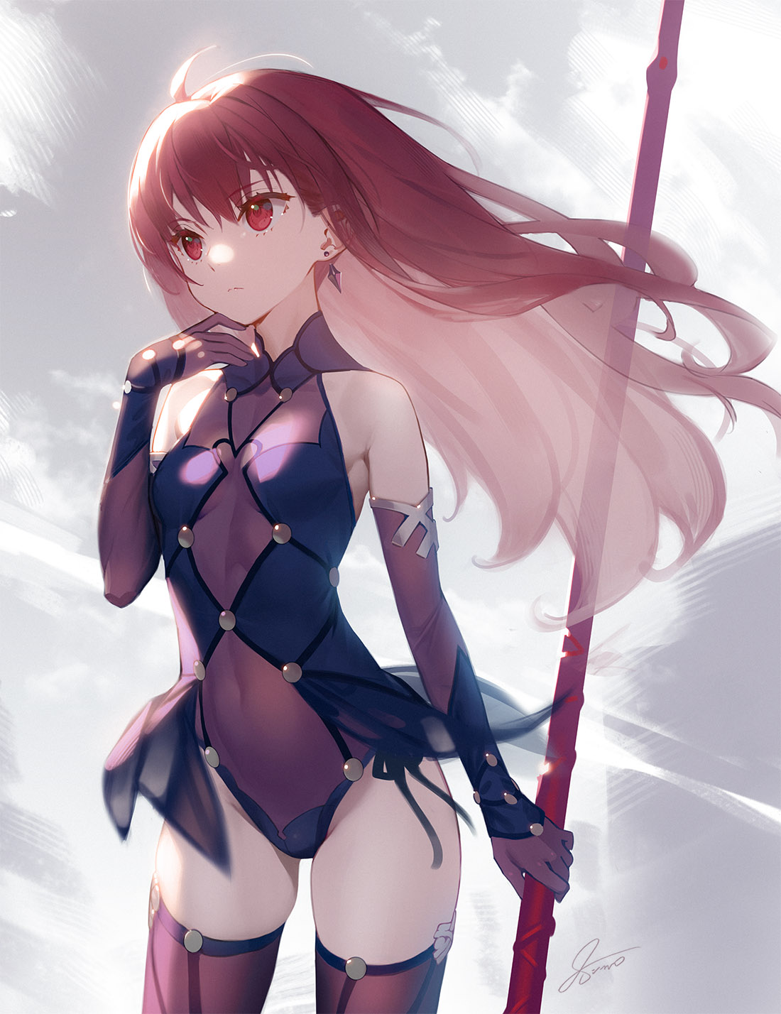 1girl adapted_costume bangs bare_shoulders breasts closed_mouth covered_navel cowboy_shot elbow_gloves eyebrows_visible_through_hair fate/grand_order fate_(series) gae_bolg gloves highres holding holding_spear holding_weapon leotard long_hair looking_afar looking_away polearm purple_gloves purple_legwear purple_leotard red_eyes redhead scathach_(fate)_(all) scathach_(fate/grand_order) signature siino small_breasts solo spear straight_hair thigh-highs two-tone_background very_long_hair weapon