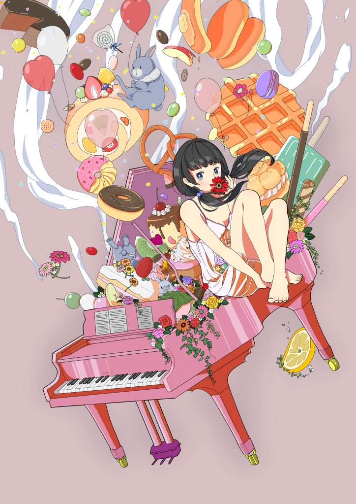 1girl apple apple_bunny apple_slice balloon banana_slice bare_legs barefoot black_hair butter cherry covered_mouth dango doughnut dress flower food fruit instrument kiwi_slice kiwifruit knees_up leaf lemon lemon_slice looking_at_viewer macaron orange original pancake piano pink_flower pocky popsicle pretzel pudding purple_flower red_flower solo strawberry syrup twintails waffle wagashi white_dress wide_shot yellow_flower yoshimon