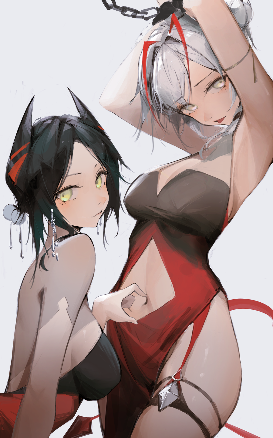 2girls antennae arknights armpits arms_up bare_shoulders black_hair breasts clothing_cutout commentary_request cowboy_shot eyyy grey_background hair_intakes head_tilt highres ines_(arknights) large_breasts multiple_girls navel navel_cutout short_hair silver_hair simple_background standing thighs upper_body w_(arknights) yellow_eyes