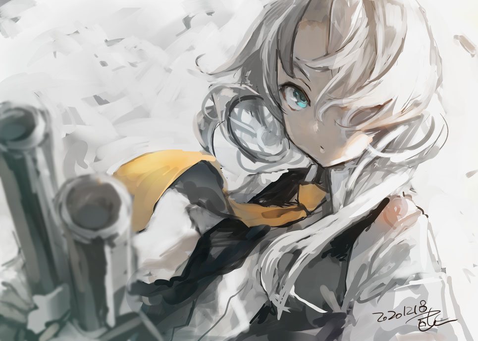1girl asymmetrical_hair bangs black_vest cannon commentary_request dated dress_shirt flipped_hair grey_eyes kantai_collection looking_at_viewer nowaki_(kantai_collection) school_uniform shirt signature silver_hair solo swept_bangs toka_(marchlizard) upper_body vest white_shirt yellow_neckwear