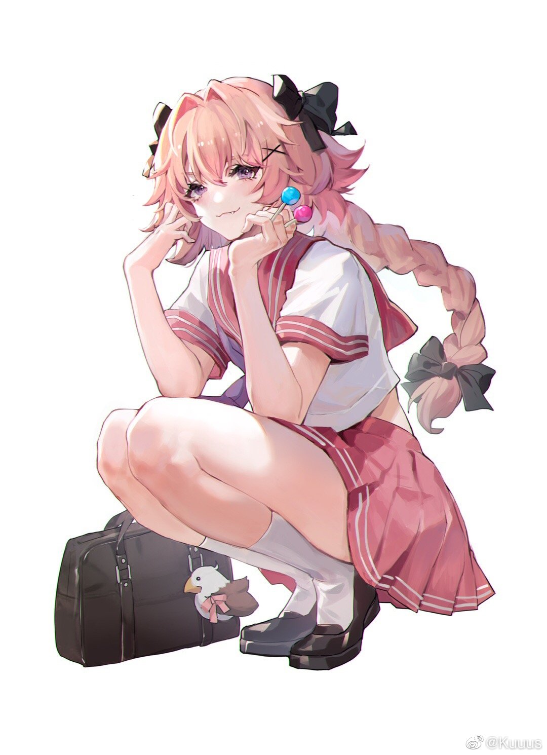 1boy astolfo_(fate) bag black_bag black_bow black_footwear bow braid candy chinese_commentary eyebrows_visible_through_hair fang fate_(series) food hair_bow hair_intakes hair_ornament heel_up highres holding holding_candy holding_food holding_lollipop kuuus lollipop looking_at_viewer otoko_no_ko pink_hair pink_sailor_collar pink_skirt pleated_skirt sailor_collar school_uniform serafuku shirt simple_background skirt smile socks solo squatting tied_hair violet_eyes white_background white_legwear white_shirt x_hair_ornament