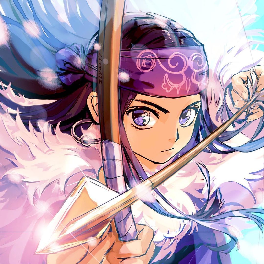 1girl aiming_at_viewer ainu ainu_clothes arrow_(projectile) artist_name asirpa bandana blurry bow_(weapon) cape closed_mouth commentary depth_of_field earrings english_commentary expressionless floating_hair fur_cape glint golden_kamuy holding holding_bow_(weapon) holding_weapon hoop_earrings jewelry long_hair looking_at_viewer painttool_sai_(medium) purple_bandana purple_hair solo upper_body violet_eyes weapon zzyzzyy