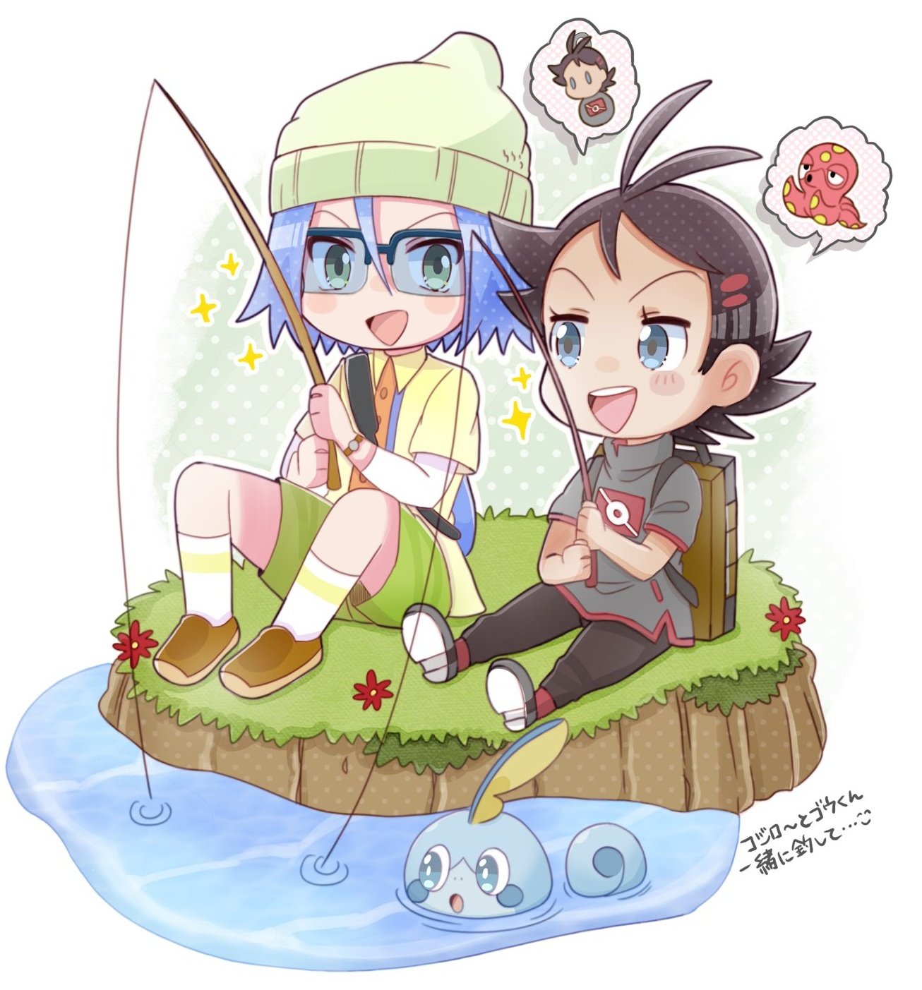 2boys fishing gen_8_pokemon glasses goh_(pokemon) highres hutao_poke james_(pokemon) multiple_boys pokemon pokemon_(anime) purple_hair sobble team_rocket watch woollen_cap