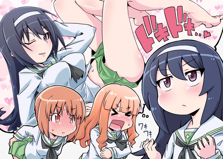 &gt;_&lt; 3girls arm_behind_head ass_grab bangs barefoot black_hair black_neckwear blouse blunt_bangs bob_(you-u-kai) brown_eyes brown_hair closed_eyes closed_mouth commentary covering covering_breasts embarrassed eyebrows_visible_through_hair frown girls_und_panzer grabbing_own_ass hairband heart heart_background imagining knees_up leaning_forward legs long_hair long_sleeves looking_at_another lying midriff miniskirt multiple_girls navel neckerchief nishizumi_miho on_back ooarai_school_uniform open_mouth orange_hair pleated_skirt pose reizei_mako sailor_collar school_uniform serafuku short_hair skirt smile standing sweatdrop takebe_saori white_blouse white_hairband white_sailor_collar
