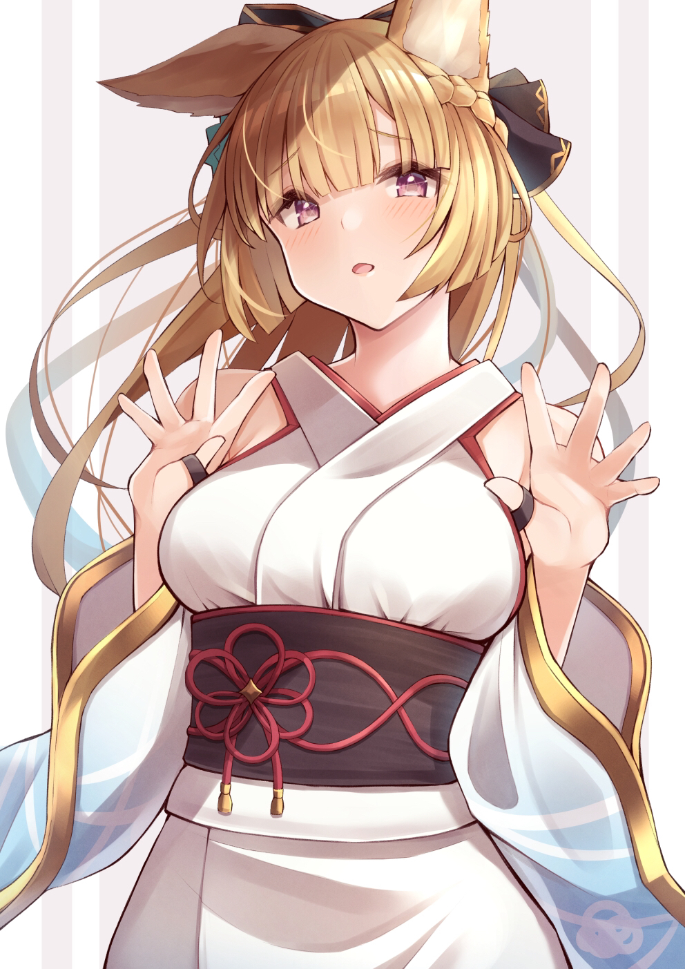 1girl animal_ears bangs black_ribbon blonde_hair blunt_bangs braid breasts commentary_request detached_sleeves erune french_braid granblue_fantasy hair_ribbon hands_up highres japanese_clothes keima_ron kimono looking_at_viewer medium_breasts obi pink_eyes ribbon sash solo wide_sleeves yuisis_(granblue_fantasy) yukata