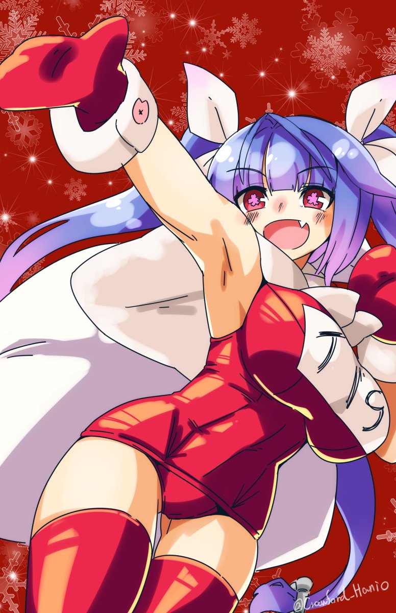 1girl cowboy_shot fang flower-shaped_pupils fur-trimmed_mittens fur_trim haniyama_kurofo highres i-19_(kantai_collection) kantai_collection long_hair looking_at_viewer mittens name_tag red_background red_legwear red_mittens red_swimsuit sack school_swimsuit skin_fang smile snowflake_background solo star-shaped_pupils star_(symbol) swimsuit symbol-shaped_pupils thigh-highs thigh_gap tri_tails twitter_username
