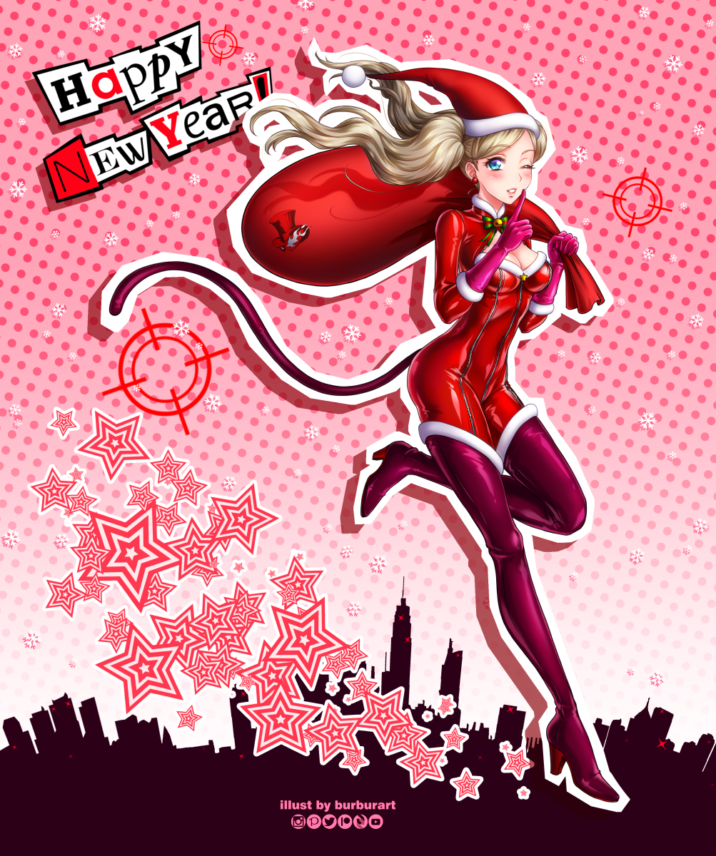 1girl artist_name blonde_hair blue_eyes bodysuit boots breasts burbur commentary crosshair earrings english_commentary eyebrows_visible_through_hair finger_to_mouth full_body gloves hair_ornament happy_new_year hat high_heel_boots high_heels highres jewelry long_hair looking_at_viewer medium_breasts mixed-language_commentary new_year one_eye_closed outline persona persona_5 polka_dot polka_dot_background red_bodysuit sack santa_costume santa_hat shushing snowflake_hair_ornament solo star_(symbol) takamaki_anne thigh-highs thigh_boots twintails white_outline