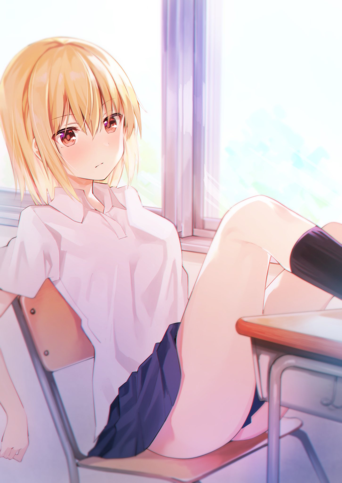 1girl arm_behind_back ass bangs black_legwear black_skirt blonde_hair blush bob_cut breasts brown_eyes chair chair_tipping classroom closed_mouth collared_shirt commentary desk expressionless eyebrows_visible_through_hair hair_between_eyes hair_strand highres hitoiki indoors kneehighs legs_on_table looking_at_viewer medium_breasts original pleated_skirt polo_shirt school_chair school_desk school_uniform shirt short_hair short_sleeves sitting skirt solo window