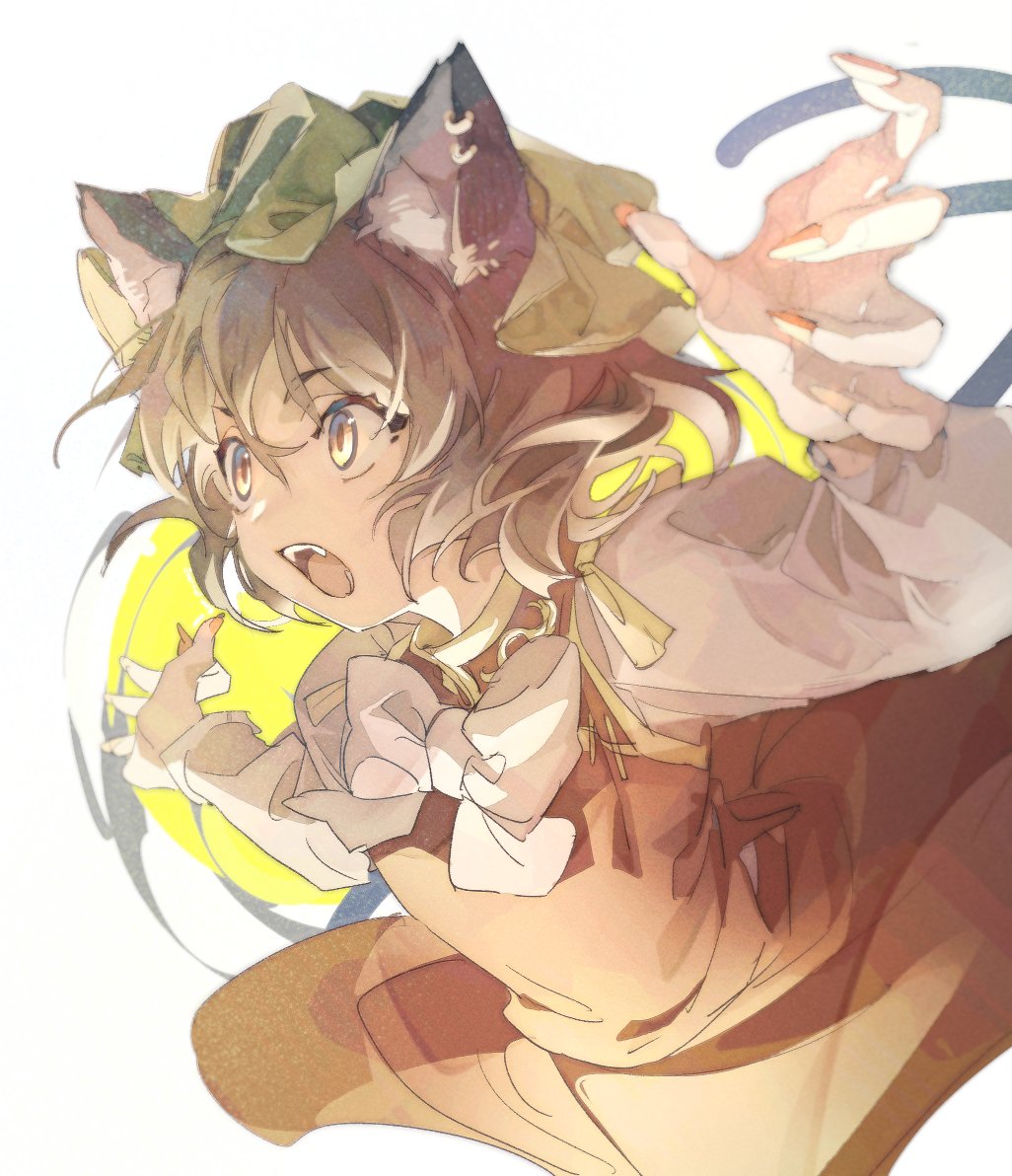 1girl animal_ears bow bowtie brown_hair cat_ears cat_tail chen commentary cropped_legs dress ear_piercing fangs fingernails green_headwear hands_up hat long_fingernails long_sleeves mob_cap multiple_tails open_mouth piercing red_dress red_nails shirt short_hair simple_background solo symbol_commentary tail touhou two_tails upper_body uxixe white_background white_neckwear white_shirt